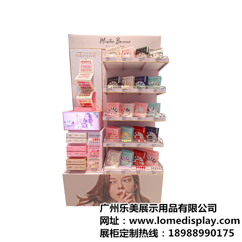 新款木質烤漆時尚粉色面膜護膚品化妝品多層單面展示柜可定制