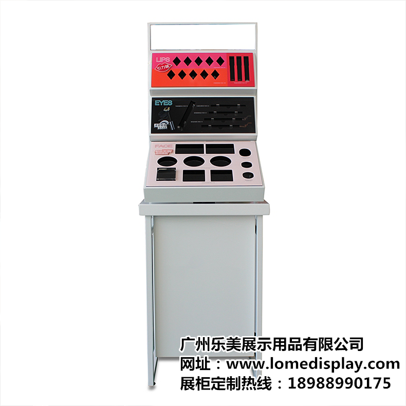 廣州廠家定制簡約時尚白色創意靠墻彩妝體驗臺化妝品展示架