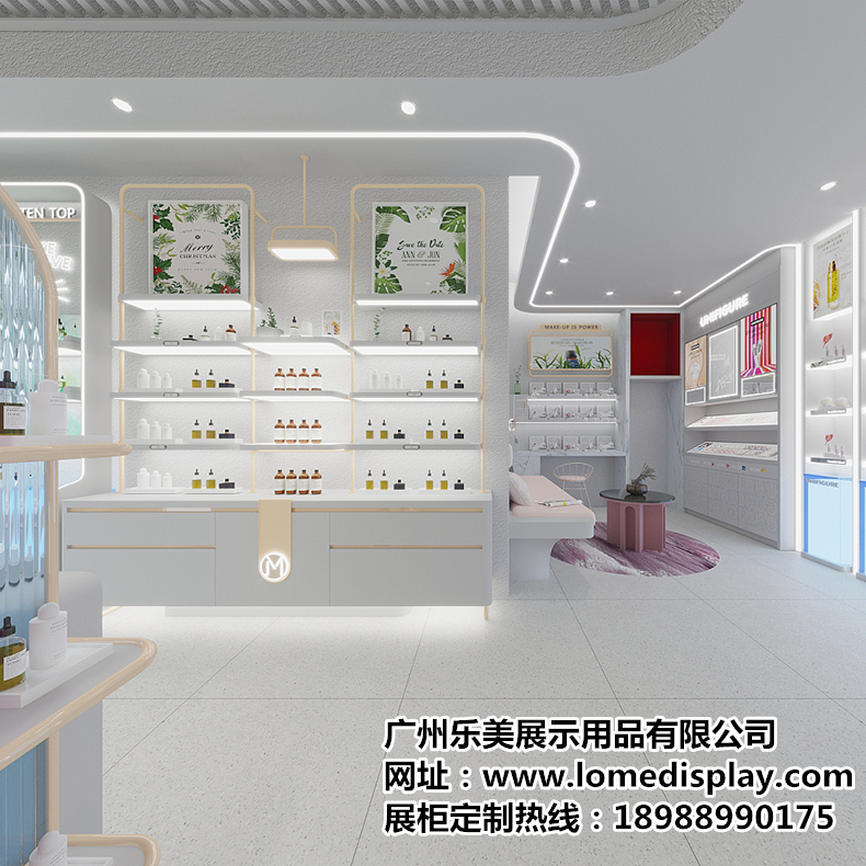 定制白色高端多層時尚簡約多層靠墻美容院護膚品化妝品展示架展示柜