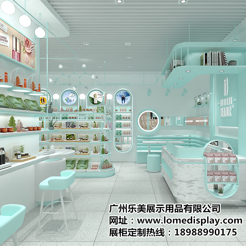 簡約時尚高端綠色清新木質多層定制化妝品護膚品展示柜