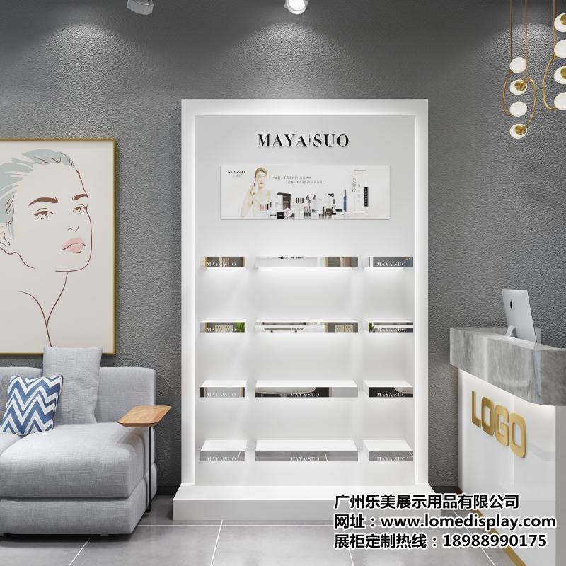 商場店鋪美容院-白色簡約木質烤漆-多層靠墻化妝品展示背柜可定制